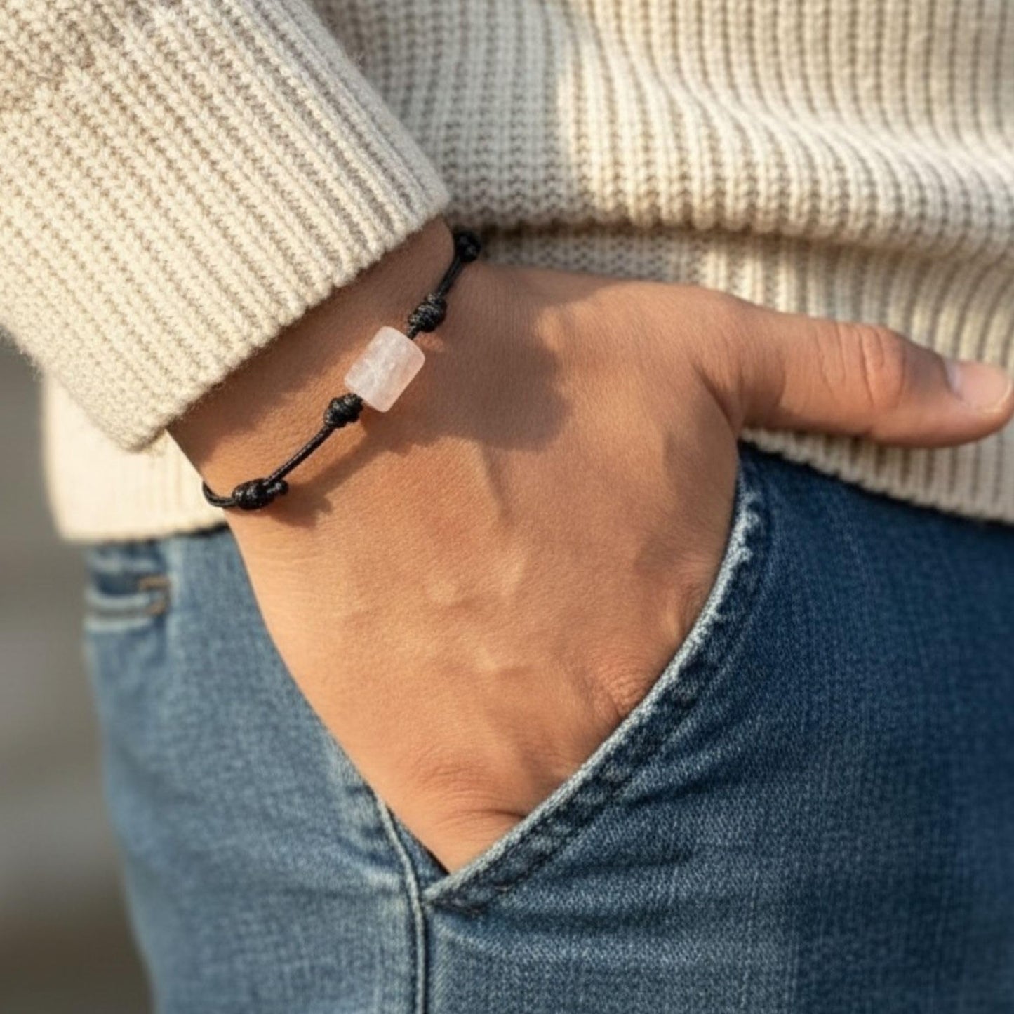 Luck Strings Rose Quartz Bracelet for Men and Women Adjustable Vegan Cord Unisex Pink Cylinder Gemstone Bead Minimalist Bracelet Chakra Inspired Meditation Gift