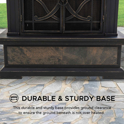 Sunjoy Outdoor Fireplace, Stone Look Tile Patio Wood Burning Steel Fireplace with Chimney, Spark Screen, Fire Poker, Rain Cover, and Removable Grate, Copper with Gray Tile