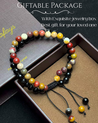 Atminafays 6MM Stackable Healing Bracelet - Mookaite Jasper & Silver Sheen Obsidian Beads for Peace, Prosperity & Positive Energy | Adjustable Handwoven Cord | Boho Chic Spiritual Jewelry,Thanksgiving gift
