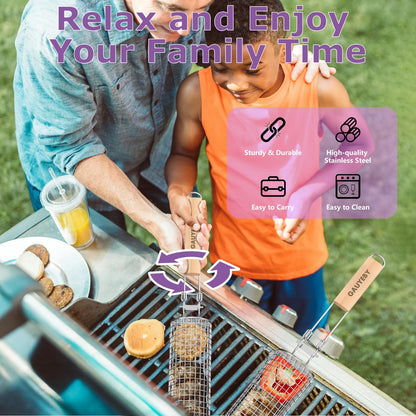 GAUYEBY Rolling Grill Basket, Grill Baskets for Outdoor Grill, REMOVABLE HANDLE, Anti-Scorch Stainless Steel BBQ Net Tube for Meat, Shrimp, Vegetables, Grill Accessories, Gifts for Dad, Husband (Round)