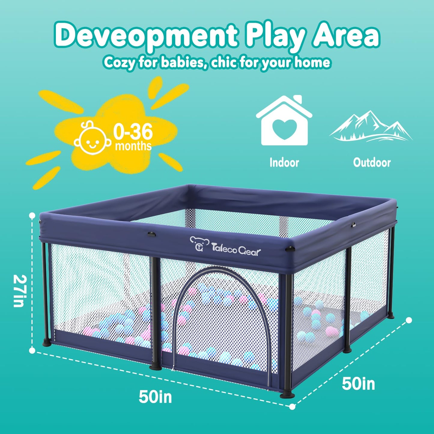 Foldable Baby Playpen for Babies and Toddlers, 50x50 Inch Portable Play Yard, Collapsible Play Pen with Mat, Visible Mesh, 50 Ocean Balls, Indoor/Outdoor Baby Fence Activity Center for Home