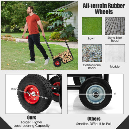Goplus Firewood Cart with Wheels, Outdoor Indoor Rolling Fire Wood Log Cart with Pneumatic Rubber Tiers, 220 LBS Load Capacity Heavy Duty Steel Wood Storage Hauler, Log Holder Rack for Fireplace