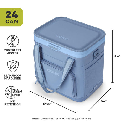 CORE Magnetic No Zip 24 Can Soft Cooler | Insulated Hard Liner Ice Chest Box | Best Portable Soft Cooler for Food & Beverages for Tailgating, Car Camping, and Family Beach Picnics (Steel Blue)