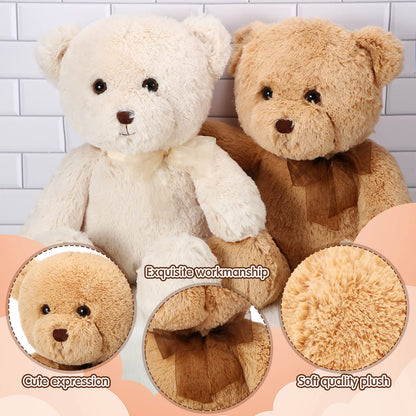 HyDren 2 Pack Bear Stuffed Animals 18 Inch Cuddly Stuffed Bear Plushies with Bow for Birthday Gifts Baby Shower Decors Valentines Party Decors(Beige, Light Brown)