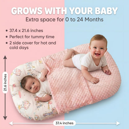 Baby Lounger Pillow for Newborn – Large Infant Lounger 0-24 Months | Anti-Startle Removable Wings, Breathable Mesh Core | 2-Sided Cotton & Minky Cover | Tummy Time Mat, Portable Baby Nest (Pink)