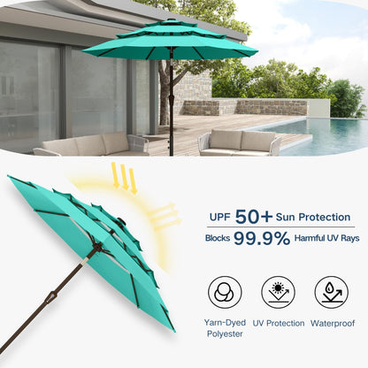 Patio Kingdom 10FT Patio Umbrella 3 Tiers Outdoor Market Umbrella w/Push Button Tilt, Crank, UV and Waterproof Table Umbrella for Garden, Pool, Backyard, Deck, Lawn, Turquoise Blue
