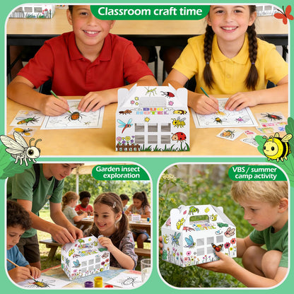 Ailefentene 28 Pack Bug Hotel Box Color Your Own Cardboard Bug Catchers with Stickers, DIY Insect Critters Collection Gable Box with Window for Spring Summer Garden VBS Crafts Party Favors