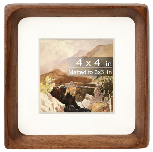 Gdfmsc Square 4x4 Picture Frame with Mat for 3x3, Natural Walnut Wood Handcrafted Rounded Corner with Real Glass, Vertical or Horizontal Display Photo Gallery Wall & Tabletop Frame