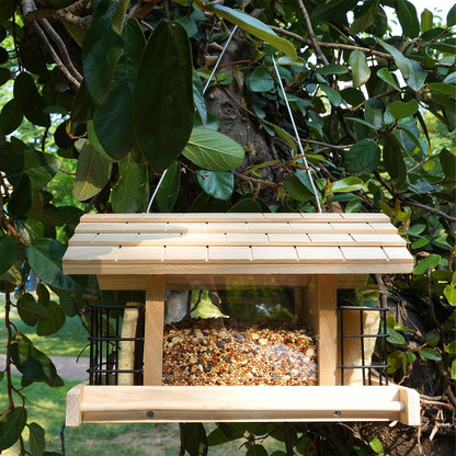 Liawm Wooden Bird Feeder for Outdoors Hanging Mount Large Capacity, Pine Garden Roof Feeder with 2 Suet Cages, Cardinal Bluebird Birdfeeder for Garden Decoration Yard, Weatherproof Durable