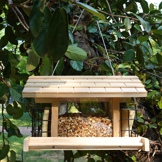 Liawm Wooden Bird Feeder for Outdoors Hanging Mount Large Capacity, Pine Garden Roof Feeder with 2 Suet Cages, Cardinal Bluebird Birdfeeder for Garden Decoration Yard, Weatherproof Durable