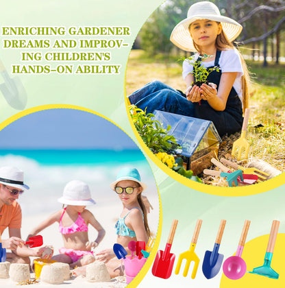 Motionchic 30 Pcs Children Beach Sand Toys Kids Gardening Tools Set Metal Including Shovel, Rake, Fork and Trowel, Summer Beach Sandbox Digging Toys for Kid with Wooden Handle Hoe Outdoor Gift