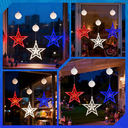 4th of July Window Lights with Timer, Red White Blue Star Lights Battery Operated with Suction Cup Hook, LED Hanging Patriotic Decor for Memorial Day Independence Day Home Room(Red White Blue)