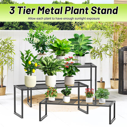 Metal Plant Stand Indoor Outdoor, 3 Tier Potted Multiple Flower Pot Holder Rack Plant Shelf, Heavy Duty Planter Display Shelving for Patio Balcony Garden Living Room Decorative (Black-3 Tier)