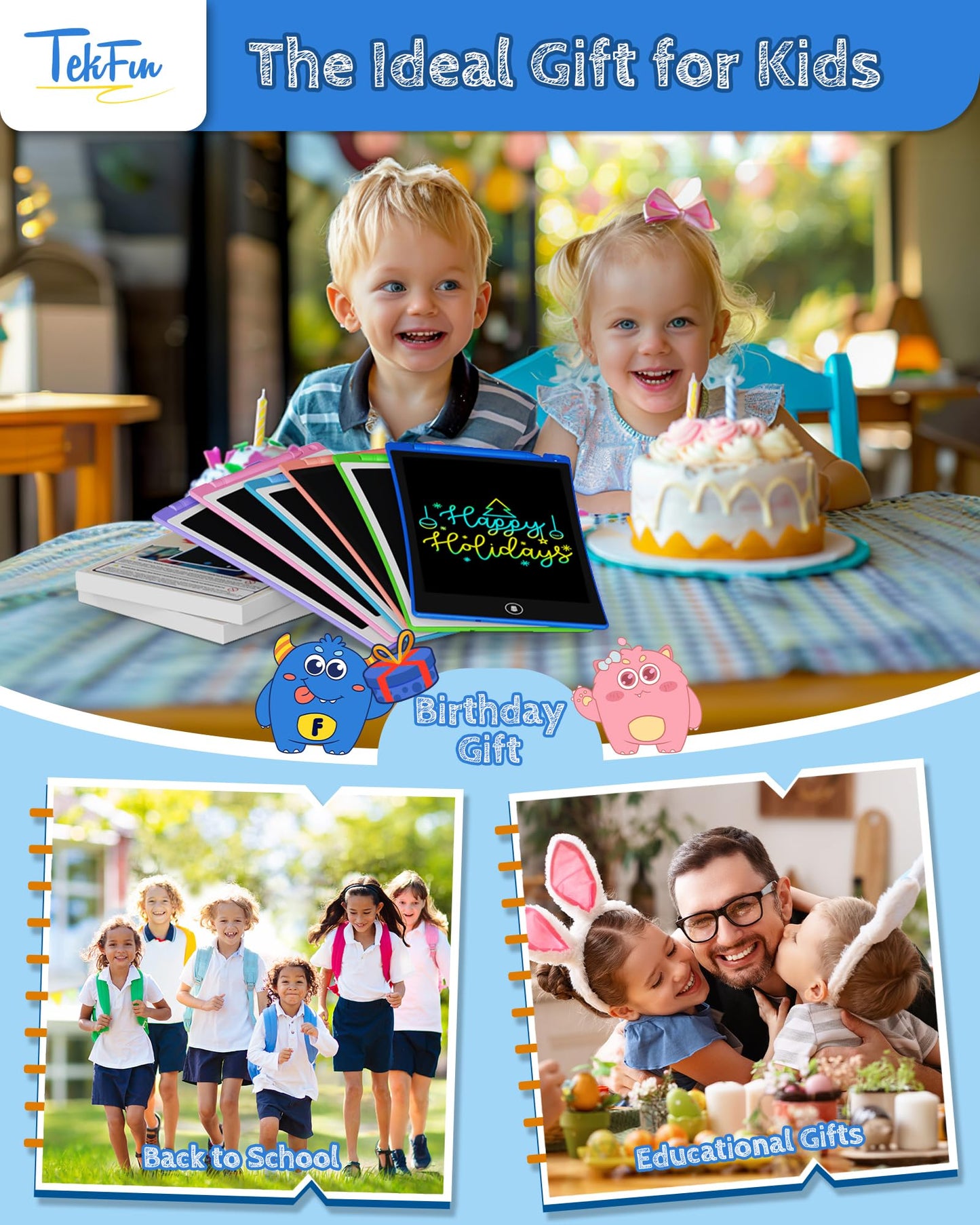TEKFUN Toys for Kids, 10in 2 Pcs LCD Writing Tablet, Erasable Doodle Board Reusable Drawing Pad for Boys with Anti-Lost Stylus, Car Trip Blue Toys Christmas Birthday Gift for Ages 3 4 5 6 7