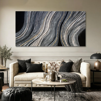 ZUNARE Modern Abstract Canvas Wall Art with Blue Gray and gold Linear Design, Minimal Tonal Artwork Creating a Peaceful Atmosphere for Bedroom Living Room Office Kitchen 24"x48"