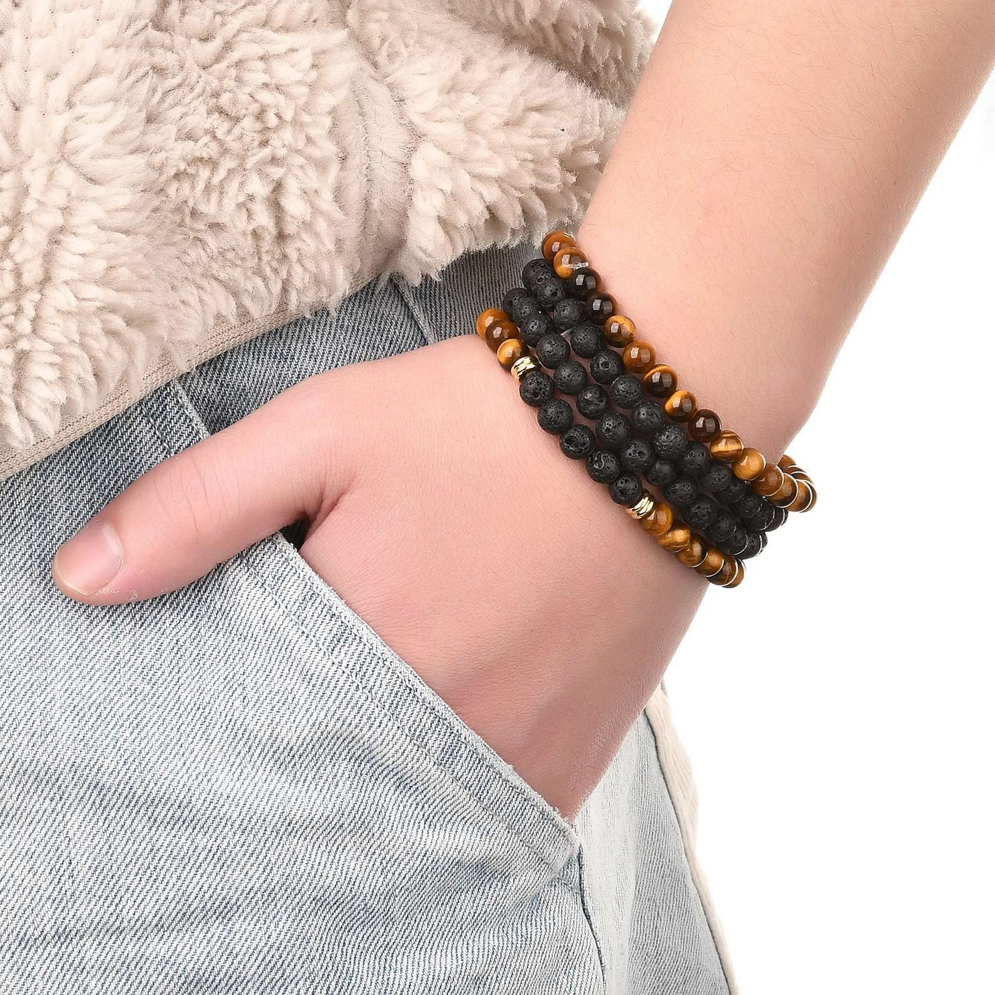 FASHEWELRY Mala Yoga Men Bracelet Making Kit - 220pcs Natural Gemstone Lava Rock Tiger Eye Beads Healing Crystal Chakra Stone Beads with Black Nylon String for Essential Oil Diffuser Jewelry Making
