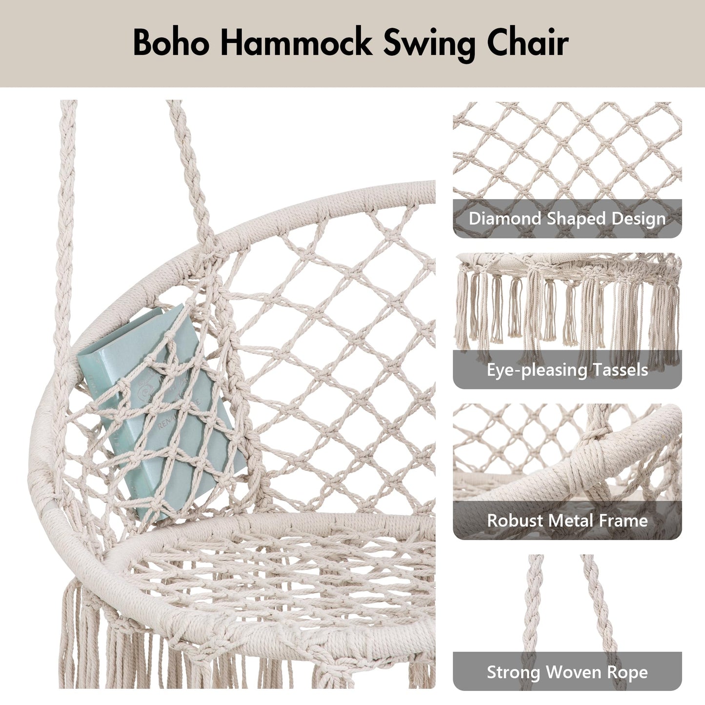 ANOW Macrame Hammock Chair with Stand, Heavy Duty Hanging Chair Stand with Swing Chair, Includes Luxury Padded Cushion, Max 400 Lbs, Natural