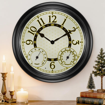 Dyreps 15Inch Outdoor Clock with Thermometer & Hygrometer - Waterproof Illuminated Large Outdoor Clocks Waterproof, Weather-Resistant Battery Operated Metal Wall Clock for Indoor and Outdoors