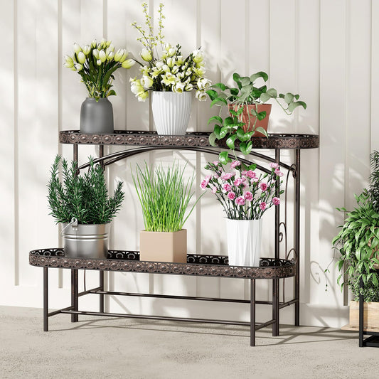 EHONXI Plant Stand Outdoor Indoor 2 Tier Metal Pland Stand, Detachable Heavy Duty Tall Plant Shelf Rack Flower Pot Holder for Patio Garden Balcony Living Room, Distressed Vintage Black
