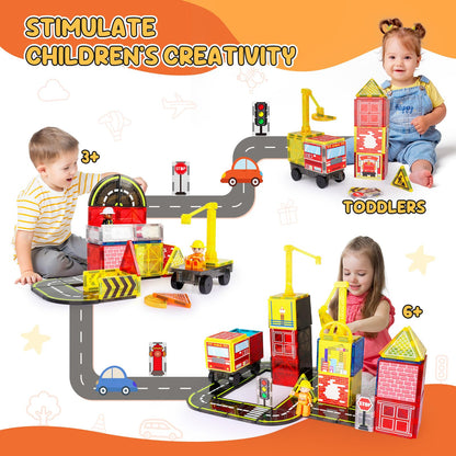 Magnetic Tiles Road Set with Fire Trucks & 2 Dolls, Double-Sided Magnet Tiles with 2 Cranes, Toys for Boys Ages 3-5 5-7, STEM Learning Construction Toys Include Car, Stations, Signs, Gifts for Kids 3+