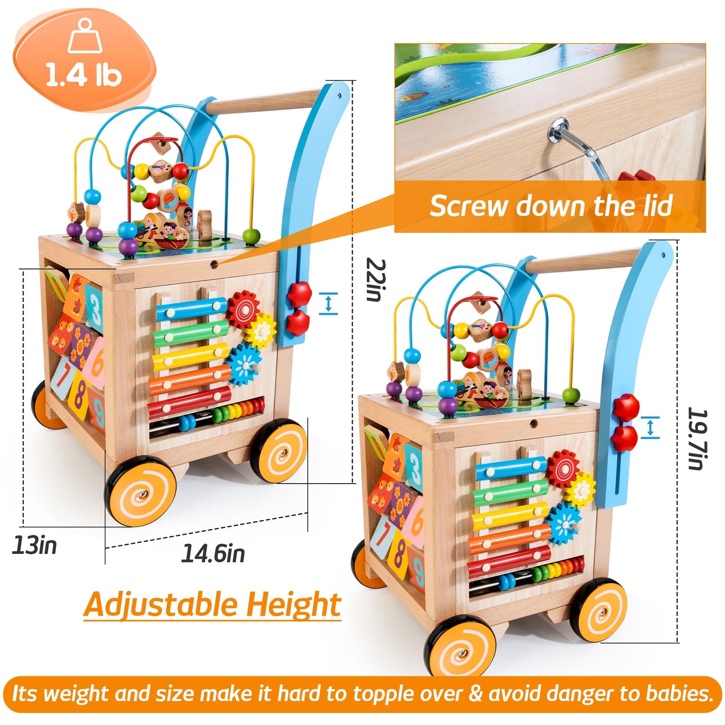 Wooden Baby Walker | Baby Push Walker with 9-in-1 Activity Cube, Sit to Stand Learning Walker Toy with Wheels for Boys Girls, Montessori Activity Center Walker, Adjustable Speed & Height