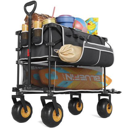 VELUVIA Double Decker Beach Wagon - 500LBS Heavy Duty Beach Cart with 9" Big Balloon Wheels for Sand, All Terrain Sports Wagon Foldable for Family Camping, Fishing, Garden, Outdoor Use, Black
