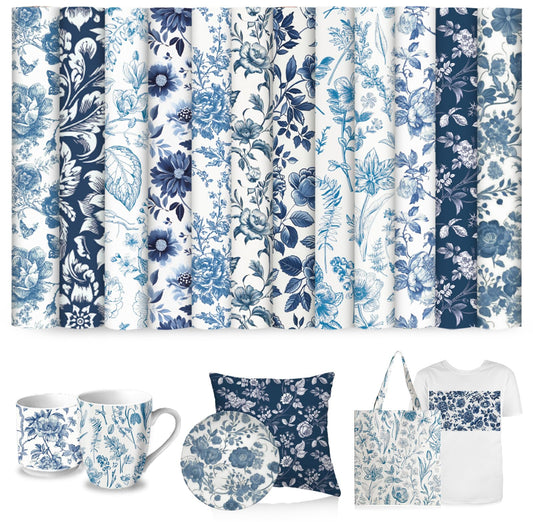 FYSUIMU 12 Sheets Blue Floral Heat Transfer Vinyl Watercolor Flower HTV Iron on Vinyl Vintage Chinoiserie Adhesive Vinyls for Clothing Costume DIY Fabric Crafts, 12 x 10 Inch