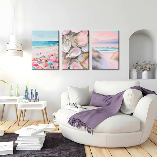 Preppy Coastal Canvas Wall Art Set of 3, Trendy Pink Beach Wall Decor Paintings, Summer Beachy Shells Oyster Aesthetic Posters Prints Pictures for Girls Room Dorm Bathroom Bedroom 12x16 Inch Framed