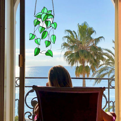 Lcensp Green Faux Plants Stained Glass Window Hanging Suncatcher, Artificial Plants Decor Gift for Women, Stain Glass Sun Catchers Indoor Window, Handcrafted Home Wall Art Decoration Ornament.
