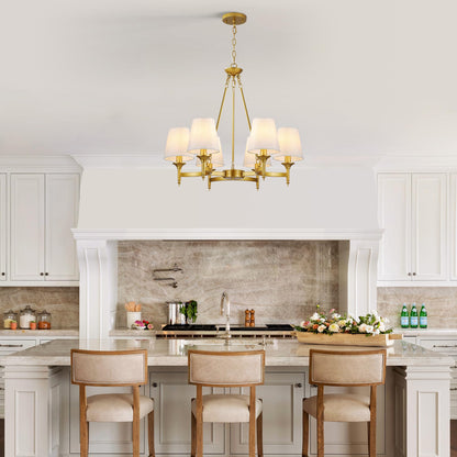 CNRATYE Gold Chandelier with White Shades, 6-Light Modern Farmhouse Chandeliers for Dining Room, Rustic Round Hanging Light Fixture for Kitchen Island Bedroom Office Living Room Entryway