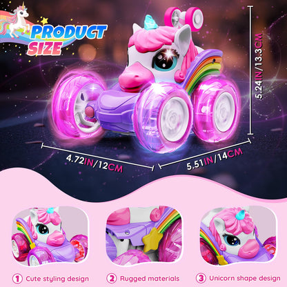 Motivekit Unicorn Remote Control Car Toys for Girl - 360° Rotating Pink RC Stunt Cars 4WD Remote Cars for Kids, 2.4GHz Toy Car with LED Lights, Birthday Gift for 3 4 5 6 7 8 9 Year Old Girl