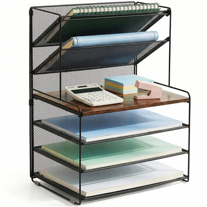 OPNICE 6-Tier Letter Tray Paper Organizer, Desk Organizers and Accessories, Desktop File Organizer, Office Desk Accessories for Office Supplies (Wood Brown)