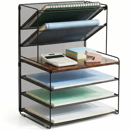 OPNICE 6-Tier Letter Tray Paper Organizer, Desk Organizers and Accessories, Desktop File Organizer, Office Desk Accessories for Office Supplies (Wood Brown)