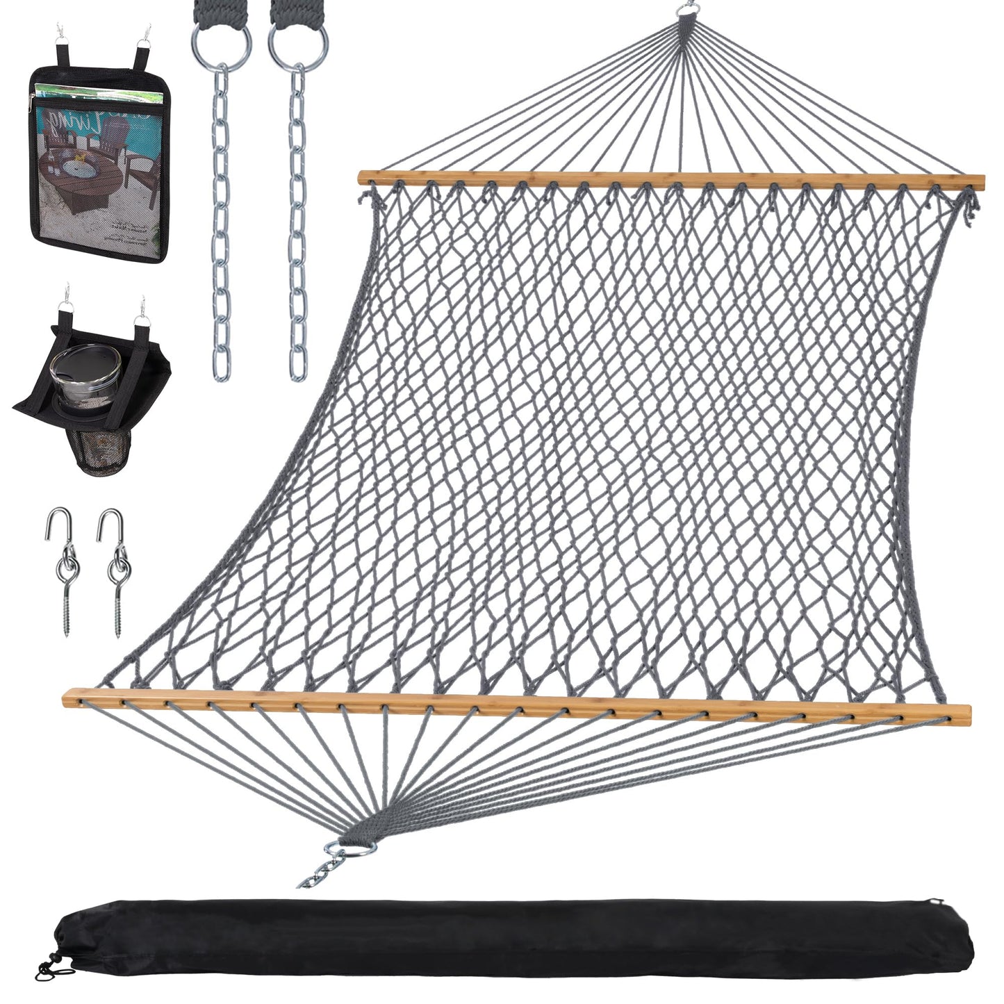SUNCREAT Double Outdoor Hammock, Polyester Rope Hammock with Strong Spreader bar, Gray