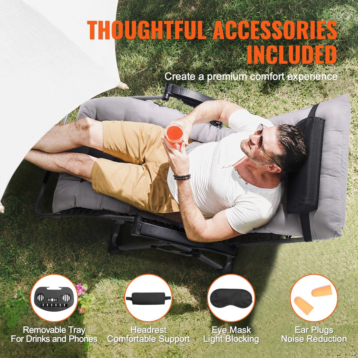 VEVOR Zero Gravity Chair, 33 inch Zero Gravity Recliner Lounge Chair for Indoor and Outdoor, Adjustable Anti Gravity Chair with Cushion, Headrest, Footrest, and Cupholder, 500 lbs, Gray