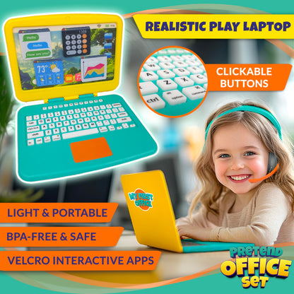 BLOONSY Pretend Play Home Office Set for Kids Ages 3-5-7 | Features Toy Laptop Computer, LCD Writing Tablet, Pop Fidget Calculator, Cell Phone, Headset & Toddlers Beverage Cup