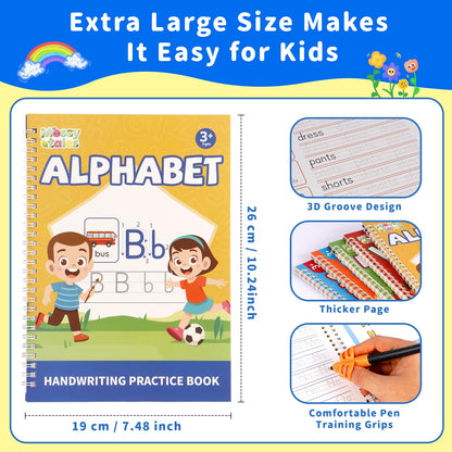 Magic Grooved Handwriting Practice Book for Kids Ages 3-8, Reusable Tracing Workbooks with Auto-Disappearing Ink, Preschool Learning Activities for Toddlers-Gifts for Children