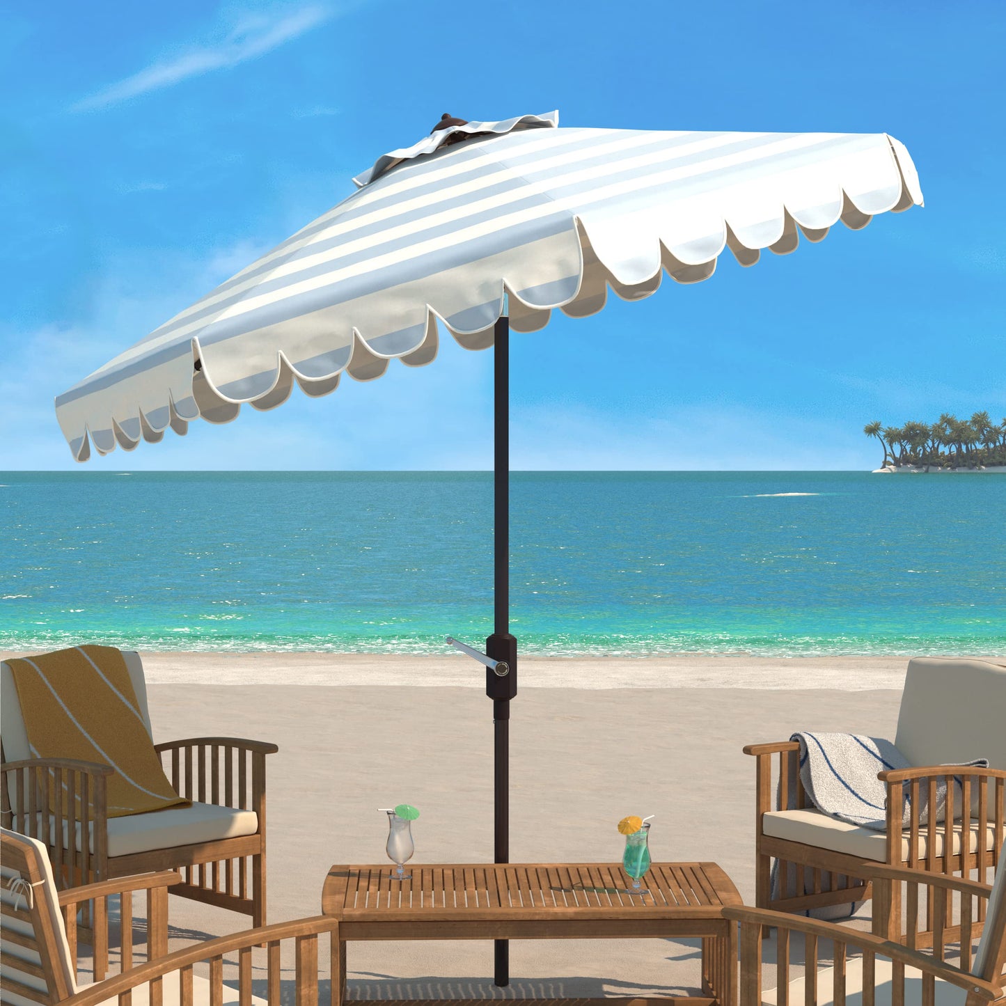 SAFAVIEH 9ft Outdoor Patio Umbrella, Round, Maui Collection, Baby Blue & White Stripe, Crank, Button Tilt, UV Resistant for Deck, Backyard, Patio (PAT8011U)