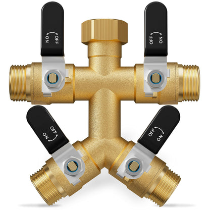 4 Way Hose Splitter, Heavy Duty Brass Garden Hose Splitter, Water Hose Bib Spigot Splitter with 0.59" Full Flow Ball Valve Outlet & Shut-Off Valve 3/4'' Connector Outdoor Water Faucet Adapter
