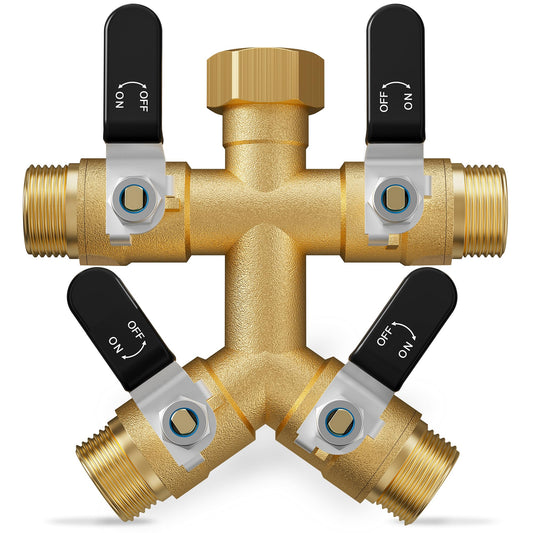 4 Way Hose Splitter, Heavy Duty Brass Garden Hose Splitter, Water Hose Bib Spigot Splitter with 0.59" Full Flow Ball Valve Outlet & Shut-Off Valve 3/4'' Connector Outdoor Water Faucet Adapter