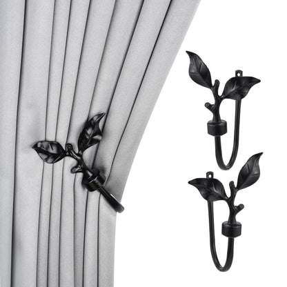 SUQ I OME 1 Pair of Leaf Shaped Curtain Holdbacks Metal Curtain Side Holders for Wall, Antique Brass Curtain Tieback Hook Pull Backs for Drapes Window Home Decoration,Black