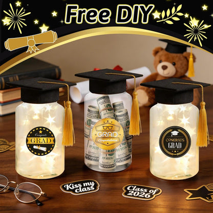 12 Pack Graduation Table Decoration Set, 2026 Grad Jar Table Centerpieces, Includes Black Felt Grad Hat, LED Lights, Stickers and Tracing Paper for High School and College Graduation Party Supplies