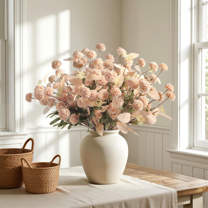 Alupssuc 16PCS Faux Silk Pompon Mums Artificial Flowers with Eucalyptus, Fake Chrysanthemum Floral for DIY Vase Arrangement, Long Stem Dining Table Centerpiece Home Decor, Beige