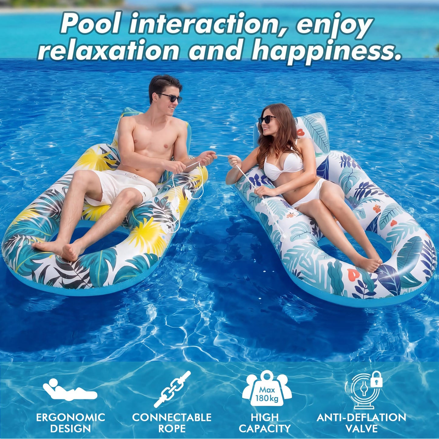 2 Pack Inflatable Heavy Duty Pool Floats Lounger, Giant Pool Floats Adult Size with Backrest & Footrest, Pool Rafts Floaties for Beach Lake Party - Multicolor