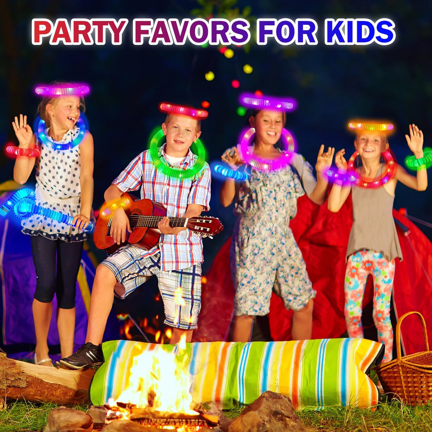 Glow Sticks Camping Toys Gifts for Kids 36 PCS, Light up Pop Tube Bracelet Necklace for Toddlers, Glow in the Dark Party Favors Decorations for 4th of July, Graduation Activities Prizes for Boys Girls