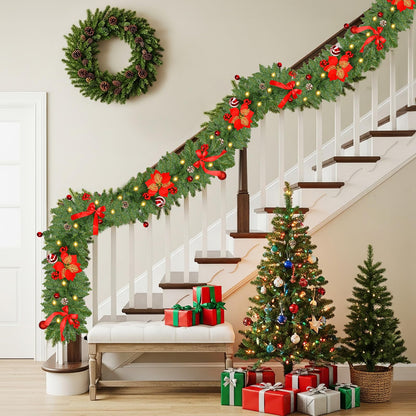 Christmas Garland with Lights 9FT Timer Prelit Garland Battery Operated Outdoor Indoor Christmas Decorations 30 LEDs Lighted Garland for Stairs Railing Fireplace Mantle Front Door Home Holiday Decor