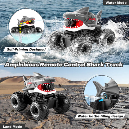 Gesture Sensing Amphibious Remote Control Gray Shark Monster Truck with Water Squirt 4WD 1:16 RC Car All-Terrain Waterproof RC Tank Pool Toy Outdoor Summer Gifts for Kids Age 6+（2 Replaceable battery)