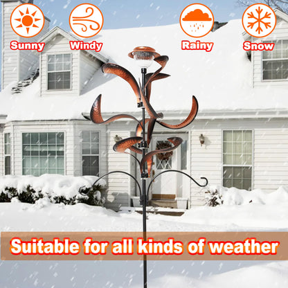 81" Metal Wind Spinner with Solar LED Light & Hanging Hooks - Rustic Copper Finish Kinetic Yard Art for Garden, Patio, Lawn - Outdoor Decor Stake