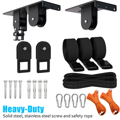 KOSEOO Ceiling Ladder Hoist, Heavy Duty Pulley System for Garage Storage, Ladder Hanger Hold Up to 150 lbs Capacity for Kayak, Cargo Box, Canoe, Bike Lift, Fit 10-18 Foot Ceilings, Black