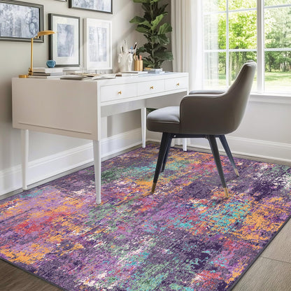 RELEANY Washable Area Rugs 5'x7' Non-Slip Modern Abstract Soft for Living Room Entryway Bedroom Nursery, Print Pattern, Purple Orange Blue Green Rust Red Colorful